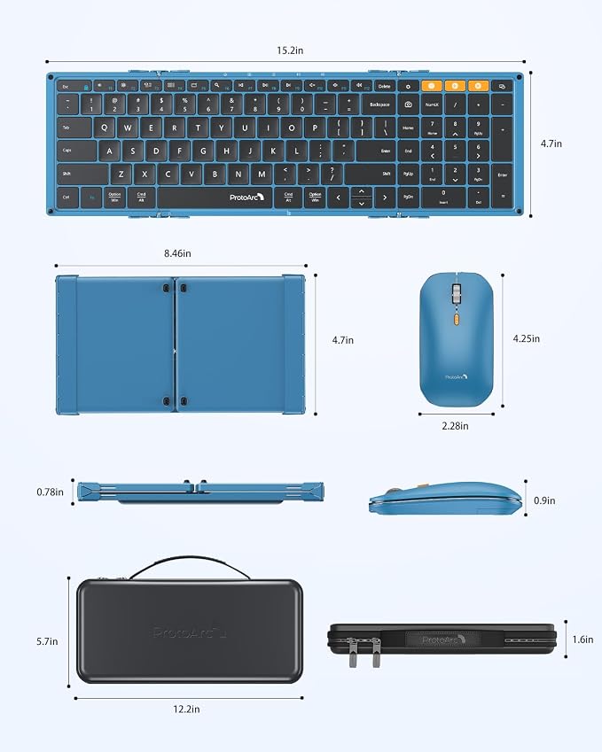 ProtoArc XKM01 Full-Size Foldable Keyboard Mouse Combo for Travel - Blue | 105-key keyboard, slim mouse, hard case and phone stand; 3-device Bluetooth & 2.4G switching, for travel office use - Image 9