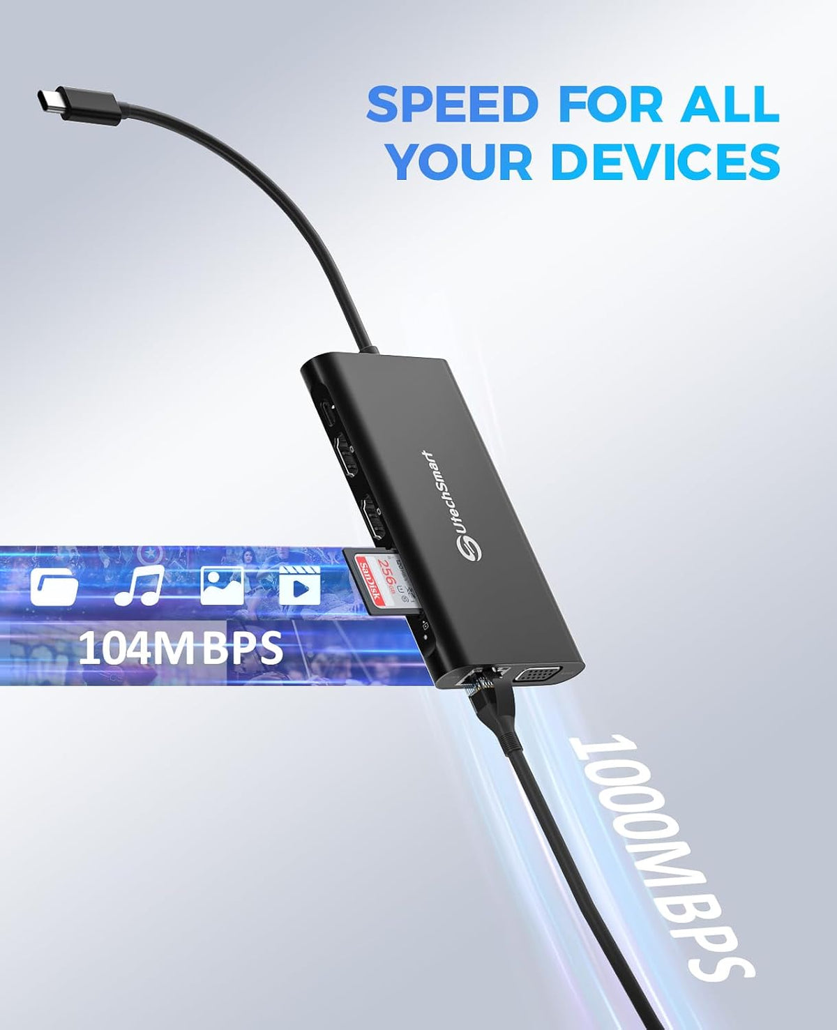 UtechSmart Triple Monitor USB-C Laptop Docking Station 11-in-1 Dock (Black) - Image 5