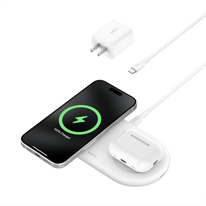 Belkin Qi2 15W 2 in 1 Wireless Charging Pad with USB-C Port | MagSafe compatible, iPhone 16/15 Series, Samsung Galaxy S25 Series, AirPods, extra USB-C port, Magnetic by Unknown