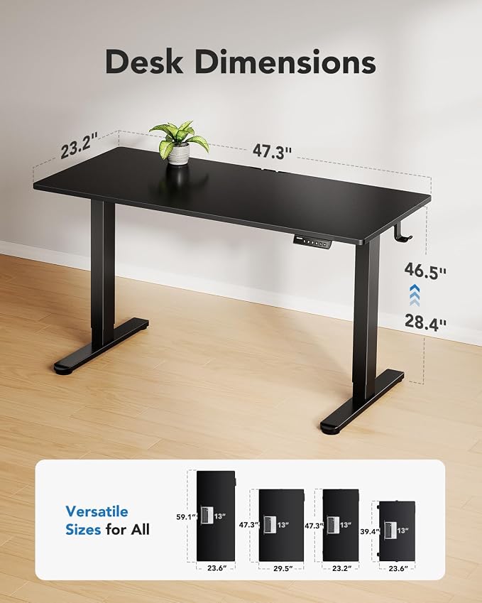 HUANUO Electric Standing Desk, Whole Piece Desktop, Adjustable Height Computer Desk, 4 Height Memory Settings, Sit Stand Up Desk for Home Office, 48" x 24", Black - Image 3