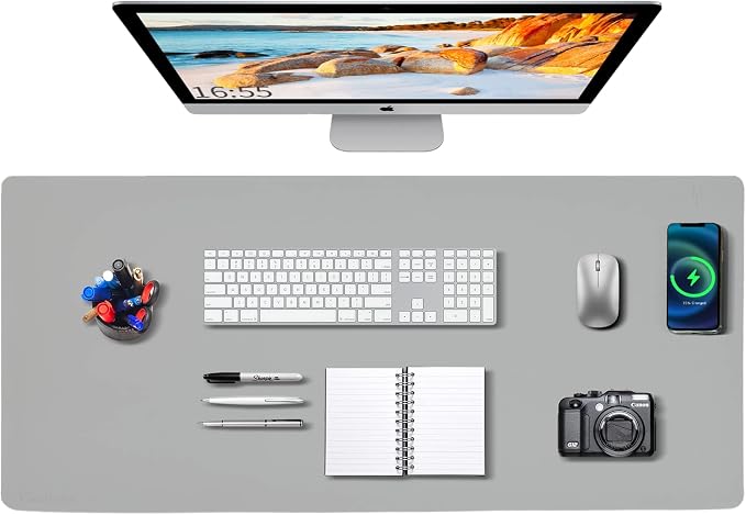 Desk Mat Wireless Charging Mouse Pad Large 32x16 Journey Desk Pad Mat with Wireless Charger Waterproof Grey Leather Computer Mat with Phone Charger Mousepad Non-Slip for Keyboard and Mouse by Zakia