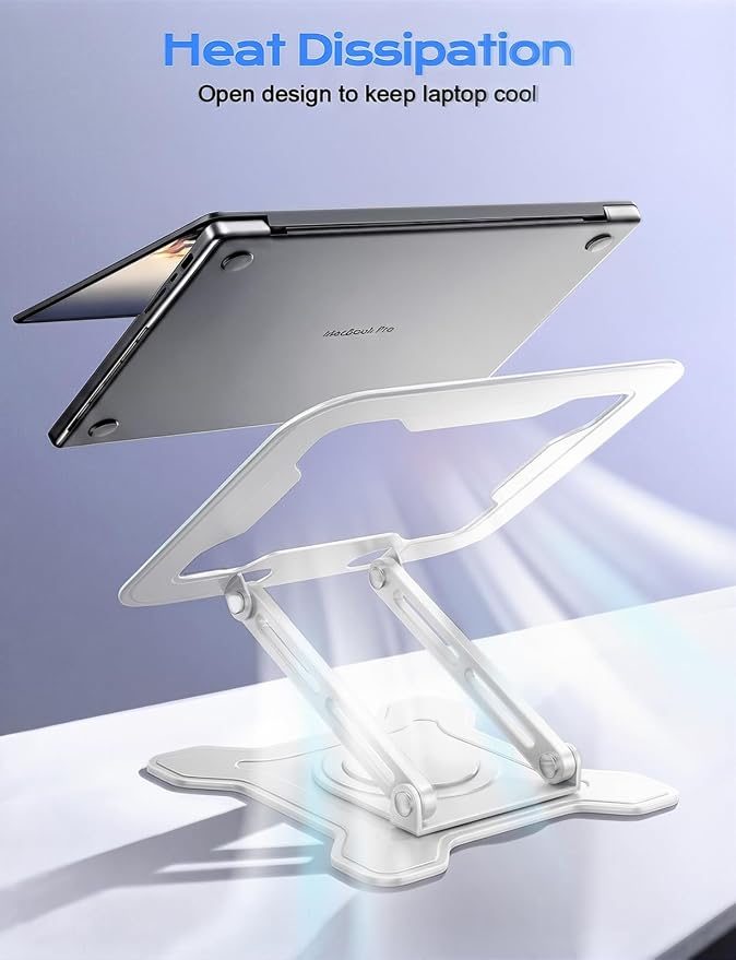JCZT 360° Rotating Laptop Stand for Desk, Metal Foldable Laptop Riser White | Ergonomic Portable Adjustable Laptop Stand, Ventilated Cooling Notebook Holder for MacBook Air Pro, All 10-16'' Laptops - Image 7