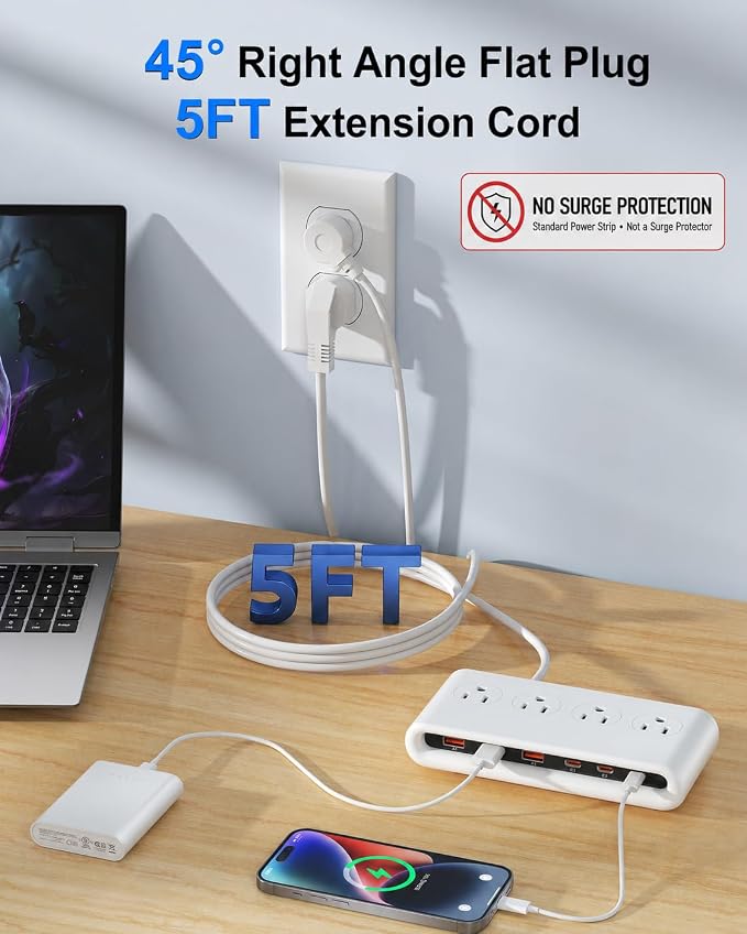 Power Strip with USB C 35W,10-in-1 Flat Plug Wall Charger - 5FT Extension Cord with 4AC, 3 USB A & 3 USB C - PD20W Charging Station for Multiple Devices - Travel Home Office (White) - Image 6
