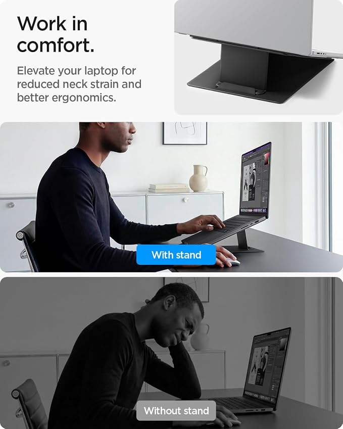Spigen Slim Fold Portable Standing Desk Laptop Stand Foldable | Ergonomic Angle Lift Anti-Slip for MacBook Neo, MacBook Air, MacBook Pro 11"-16" and iPad/Air/Pro and More - Black - Image 4
