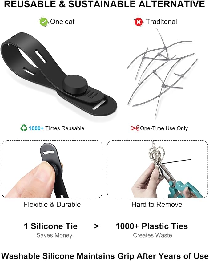 OneLeaf 16Pcs Adjustable Silicone Cable Ties, Reusable Cord Organizer for Desk Setup, PC, TV & Office Cubicle, Secure Soft Anti-Lost Cable Straps for Electronics - Black - Image 5