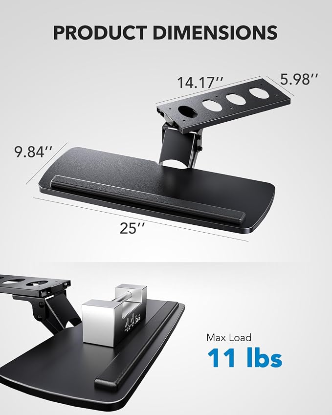 HUANUO Under Desk Keyboard Tray, 360 Degree Adjustable Mouse Platform | 25 x 9.84 inch tray, wrist rest, 6.3 inch height adjustment, slide-out design, tilt and swivel for typing comfort - Image 6