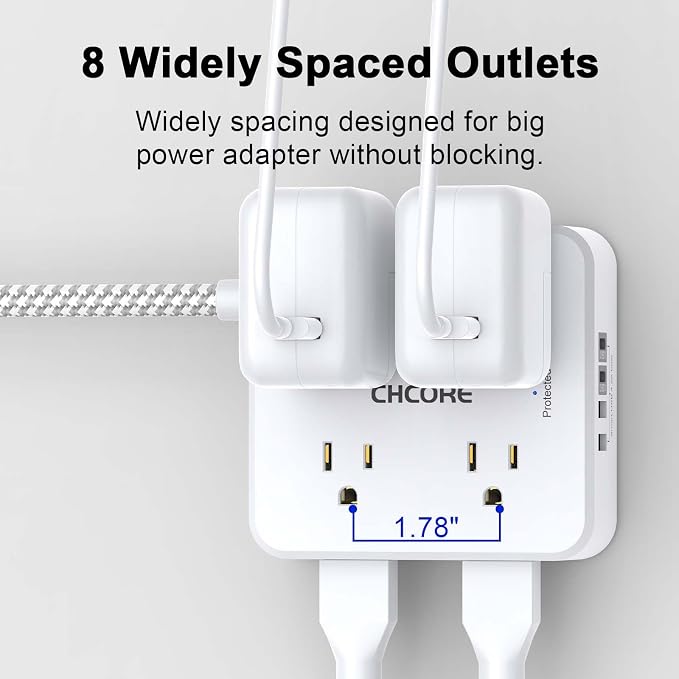 Surge Protector Power Strip - CHCORE 5Ft Braided Extension Cord with 8 Outlets with 4 USB (2 USB C) Charging Ports, Flat Plug Multi Plug Outlet Extender Charging Station for Home Office, ETL, White - Image 4