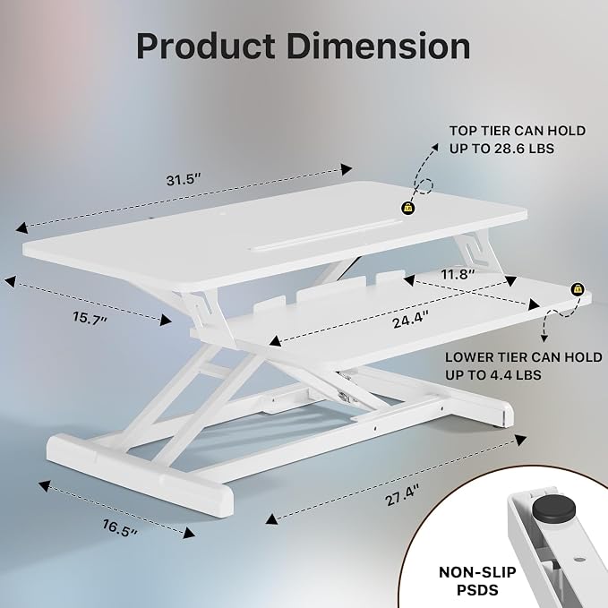 JOY worker 32" Standing Desk Converter, Height Adjustable Stand Up Riser | White Desktop Sit to Stand Riser with Fixed Keyboard Tray, Monitor and Laptop Workstation, Particle Board, for Home Office - Image 2