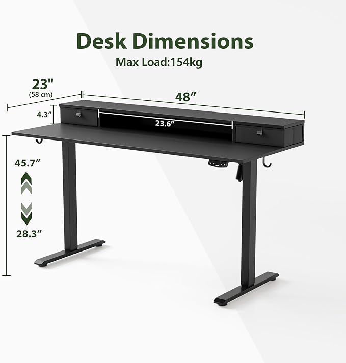 Agilestic 48 x 24 Inches Electric Standing Desk with 2 Storage Drawers, Adjustable Height Sit and Stand Computer Table with Splice Board, Black | Electric Height Adjustable, 2 Storage Drawer, Monitor Stand, Sturdy Steel Frame, Memory Presets, Hooks, 15... - Image 3