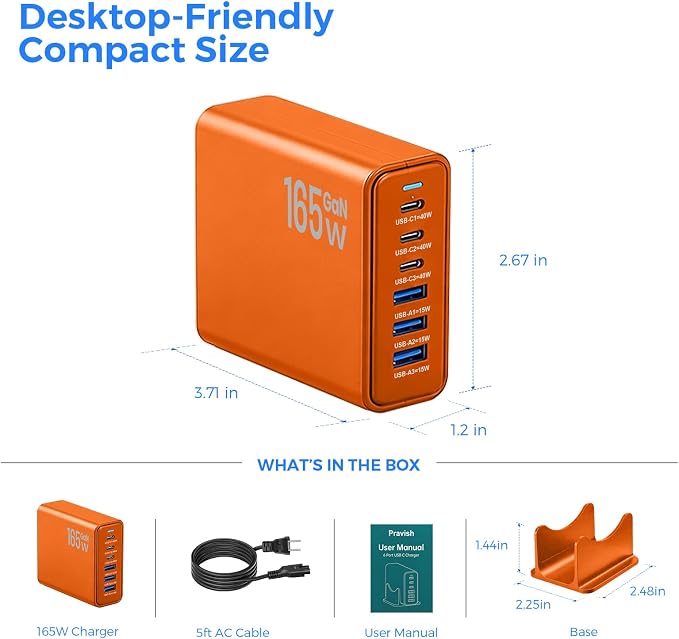 165W GaN Charging Station, 6-Port USB C & USB A Charger, Orange | 165W GaN, 6-Port USB Charging Station, 3x40W USB-C + 3x15W USB-A, ABS+PC, Charge 6 Devices, Home Office Travel - Image 8