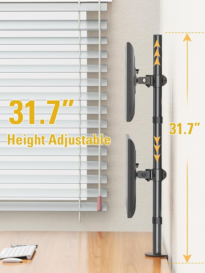 Stable Vertical Dual Monitor Stand, Stacked Monitor Mount for 2 Screens Up to 32 inch, Full Motion Monitor Desk Mount with Swivel, Tilt, Rotation, Holds 17.6 lbs Each, Max VESA 100x100mm - Image 5