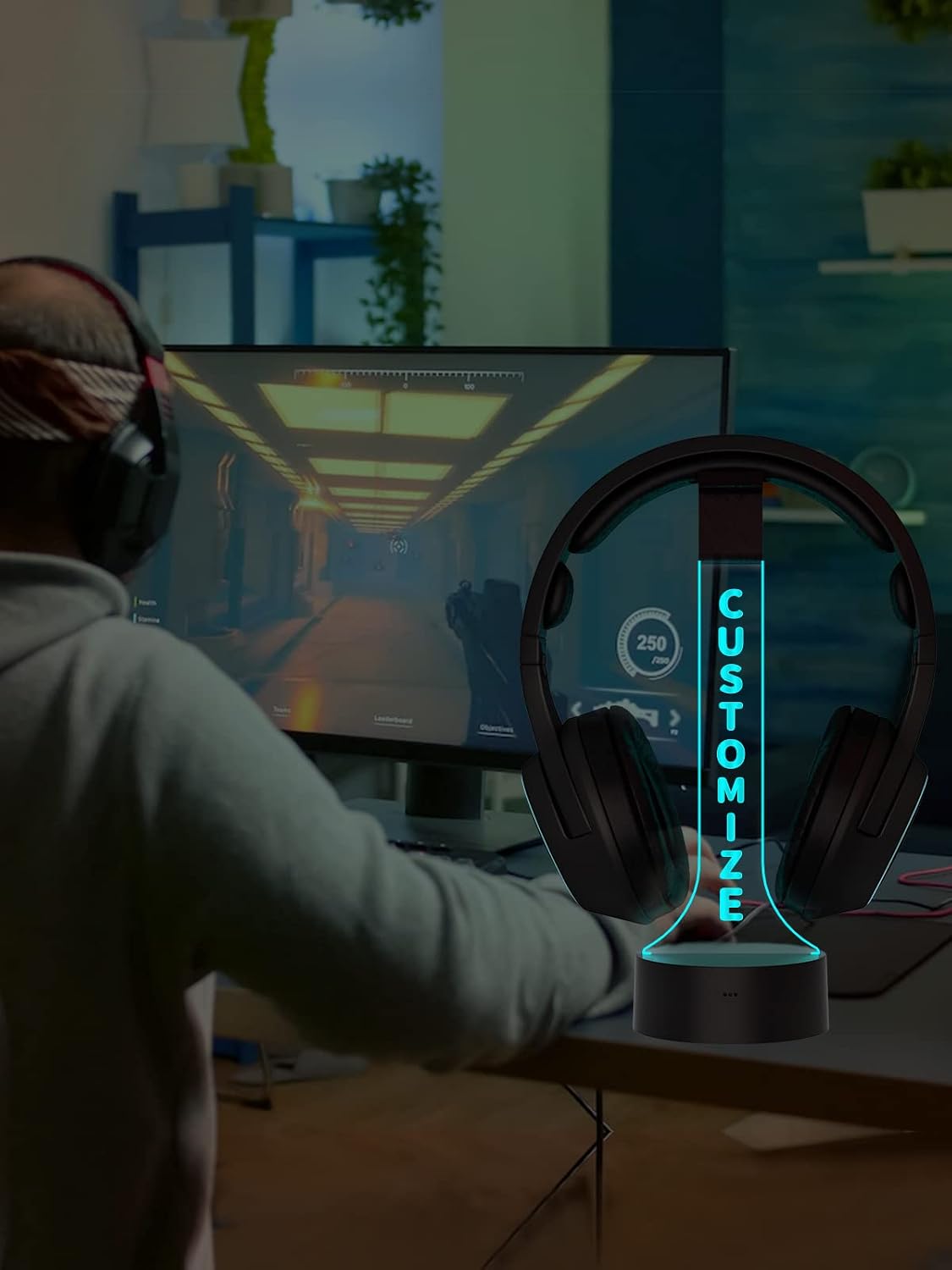 YuanDian Personalized Light up Headphone Stand for Desk, Gaming Headset Holder RGB with 16 Color Lights for Game Room Decor, Cool Gamer Gifts for Men Boyfriend (Customize) - Image 8
