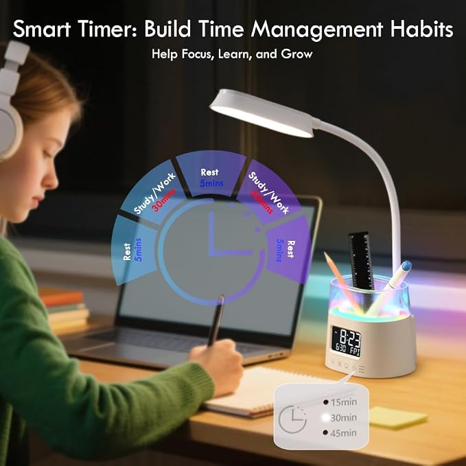 WILIT LED Desk Lamp for Home Office with Pen Holder, RGB Night Light, White | Table Lamp for Bedroom with USB Charging Port & Clock, Study Lamp for Kids Girls, Desk Light for College Dorm Room Essentials - Image 3