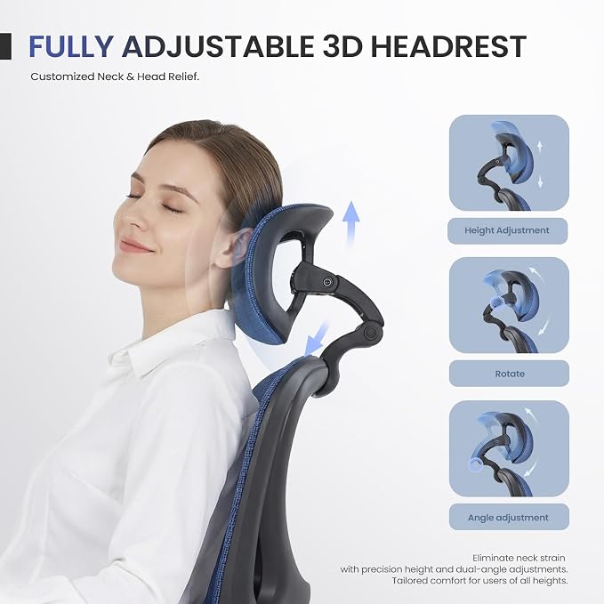 MALOL Ergonomic Mesh Office Chair with Footrest, Executive High Back Computer Desk Chair with 3D Adjustable Headrest & 5-Level Lumbar Support, Reclining Tilt Lock, 3D Arms, 300LBS Capacity, Blue - Image 6