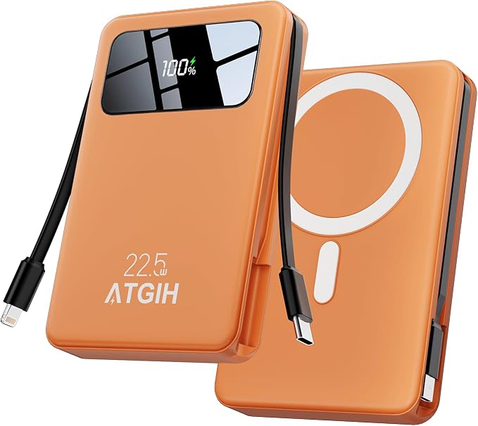 10000mAh Magnetic Wireless Power Bank, 5-in-1 Portable Charger with 2 Built-in Cables, 22.5W PD Fast Charging Magnetic Battery Pack for iPhone 17/16/15/14/13/12 and All Series ，White by ATGIH