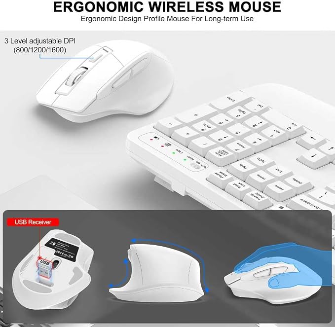 Wireless Keyboard and Mouse Combo, 2.4G Ergonomic Wave Keys(White) | Full Size Wave Keyboard with Wrist Rest, 3-Level DPI Adjustable Ergonomic Mouse for Windows and Mac OS Desktop/Laptop/PC - Image 4