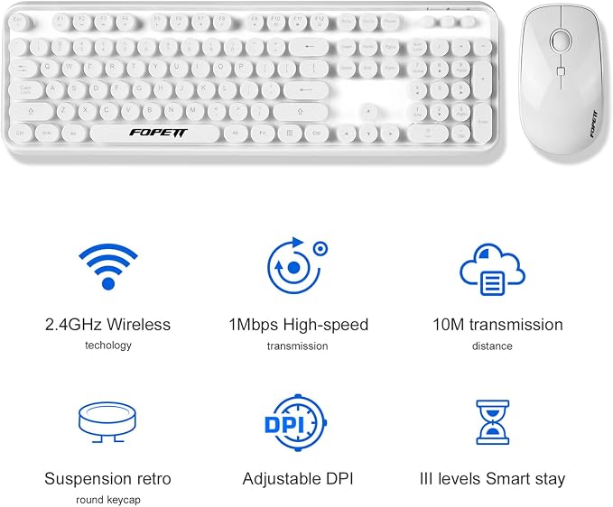 Wireless Keyboard and Mouse Combo - 2.4G Full-Sized White Keyboard with Round Keycaps 104 Keys Typewriter Keyboard for Laptop/Windows/PC - White - Image 6