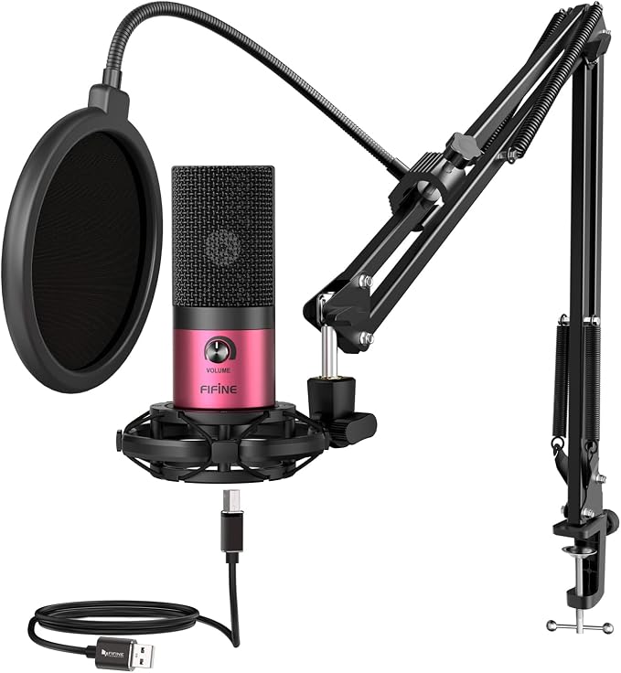 FIFINE T669 Rose Red Podcast Microphone Kit with Boom Arm for Recording | PC Computer Microphone for Streaming, Gaming, Voice-Over, Meeting, Shock Mount, Pop Filter by FIFINE