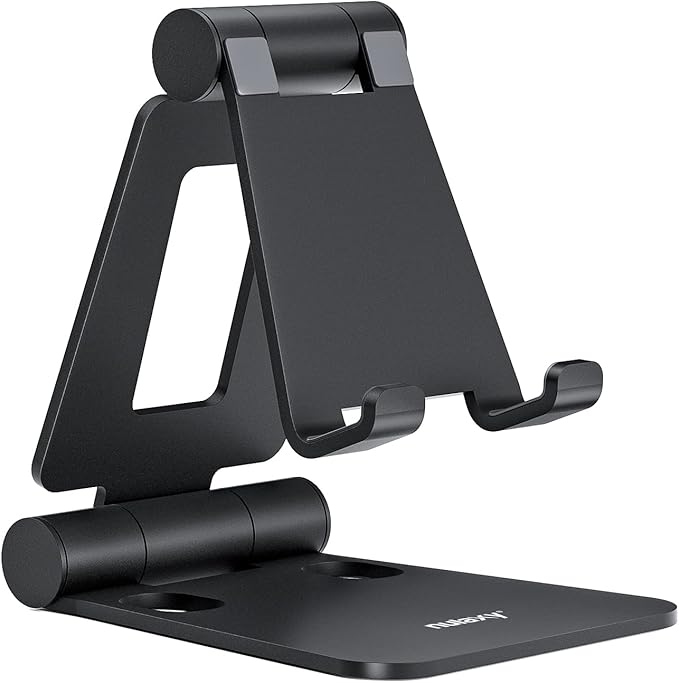 Nulaxy Full Aluminum Dual Folding Cell Phone Stand for Desk, Black | Height Angle Adjustable, Portable, Anti-Slip Base, Fits 18mm Thick Case Smartphone, Nintendo Switch Desk Essential Accessory by Nulaxy