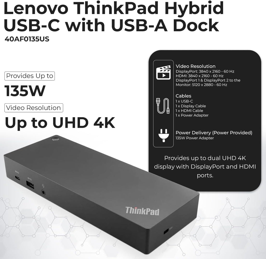 40AF0135US Docking Station Dual Monitor Hybrid USB-C with USB-A - 1 Year Warranty, Thinkpad Dock w/ 135W Adapter, HDMI, DisplayPort, USB-C Cable, Cloth - Laptop Docking Station (Renewed) - Image 3