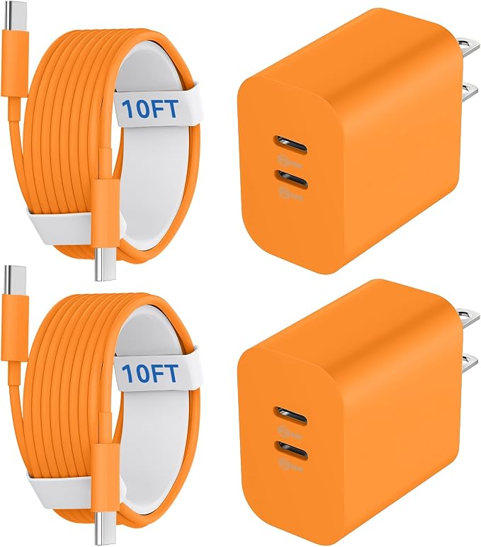 20W Dual Port USB C Charger Block for iPhone 17 16 15 Pro Max Charger Fast Charging with 10FT Long USB C to C Charging Cable Cord for iPhone 17 16 15 Pro Max/17 16 15Pro/15, Android Phone-Orange by Auorld