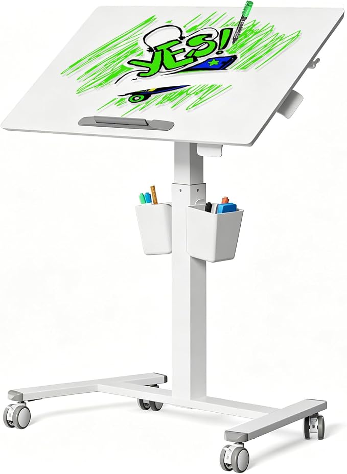 35" Glass Mobile Standing Desk, Foldable Desktop for Storage | Height Adjustable Portable Drafting & Laptop Desk with Wheels, Small Rolling Whiteboard for School Home Office, White by JYLHJOYSEEKER