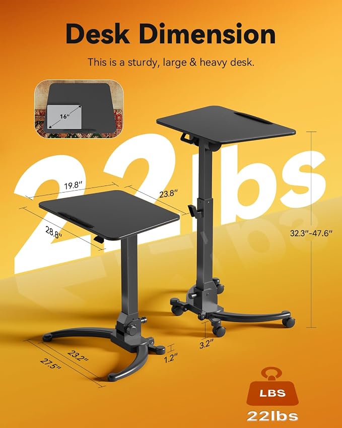 JOY worker Foldable Laptop Desk on Wheels, Adjustable Mobile Standing Desk | Max Height 47.6", 90° Tiltable Top & Base, Portable Height Adjustable Workstation with Lockable Casters, Holds 22lbs, Black - Image 2