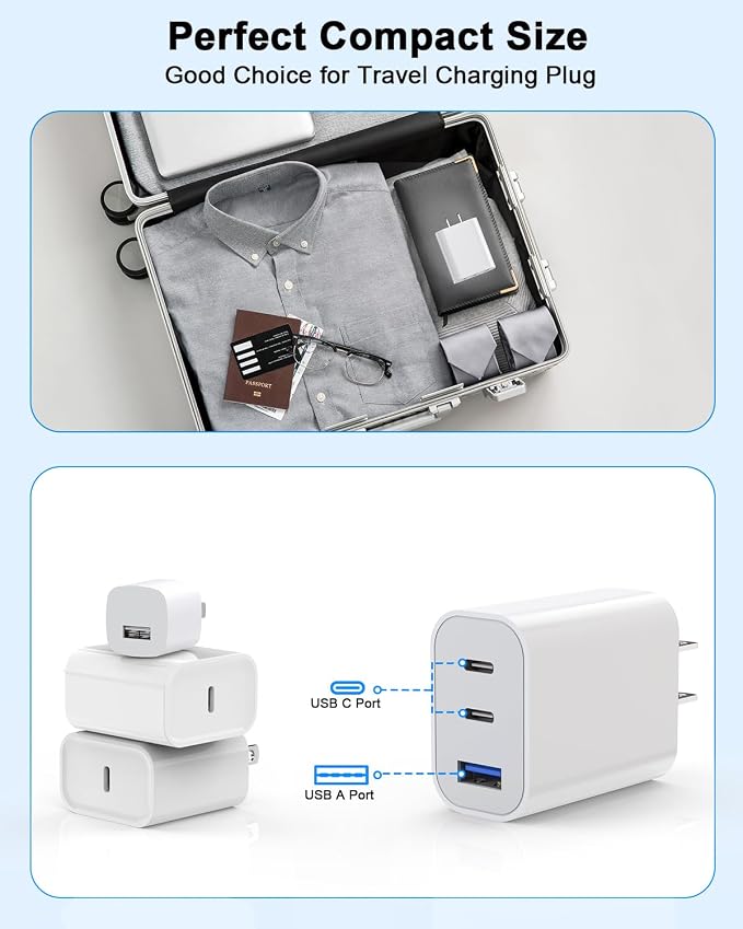 iPhone 17 Charger Block,[2Pack]3-Port Fast USB C Charger Block 35W Charging | Dual Port Block PD Fast Power Adapter + QC Wall Plug Multiport USBC Wall Charge for iPhone 17/17 Pro/17Air/16/16 Plus/15,iPad - Image 6