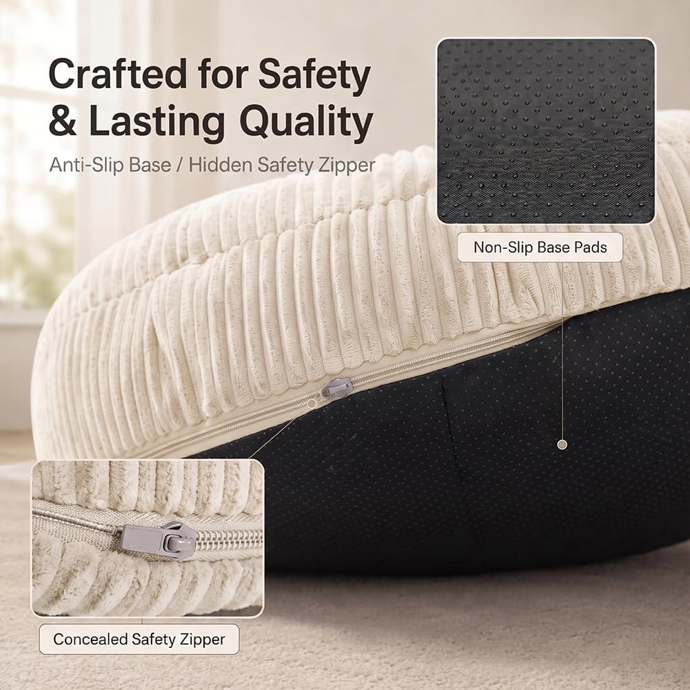 Giant Bean Bag Chair — Plush Faux Fur, Foldable Memory Foam Lounger, Removable Washable Cover for Living Room, Gaming & Lounge (Stripe White) - Image 9