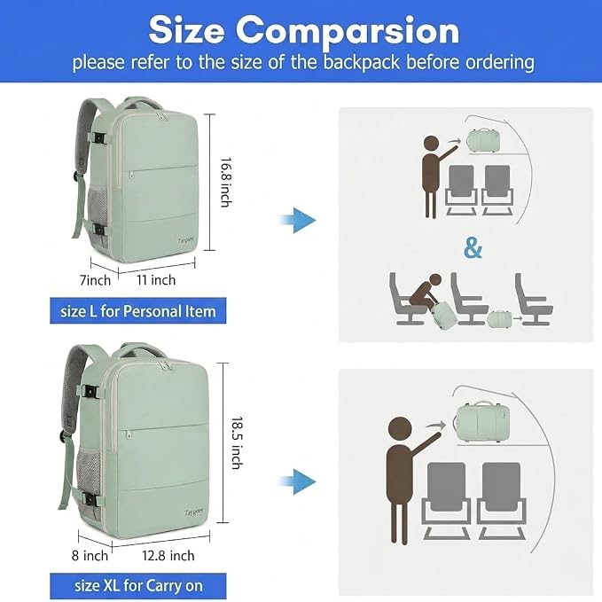 Taygeer Carry On Backpack, 35L Travel Backpack for Women Airline Approved | Cute Underseat Personal Item Travel Bag with Shoe Compartment, Casual Daypack Gifts for Friend Weekend, Green Beige - Image 6
