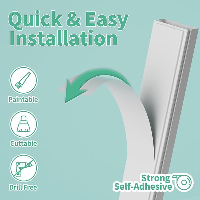 Delamu Cord Hider, 100in Self-Adhesive Cord Cover Kit for Wall Mounted TV, Paintable Wire Hider, Flexible Cable Management System, Cable Raceway Conceals 2-3 Wires, W0.95 H0.55in, White - Image 3