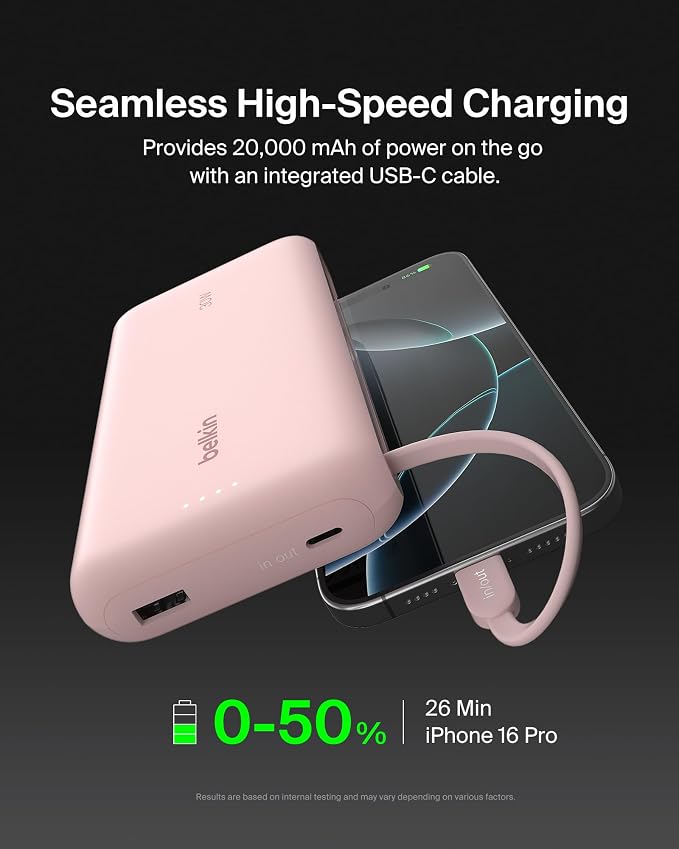 Belkin 20000mAh 30W USB C Power Bank, Portable Charger for iPhone & iPad | Fast Charging, Integrated USB C Cable, Eatra USB C Port, iPhone 17, iPad, Samsung Galaxy S26, Charge 2 Devices - Image 5