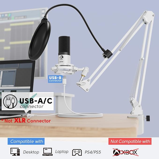 FIFINE T669 White USB Recording Microphone Kit for Vocals, Voice-Over | Studio Condenser Microphone, Metal Boom Arm, 16mm Large Diaphragm, Podcast, Streaming, Music Creation, Singing - Image 8