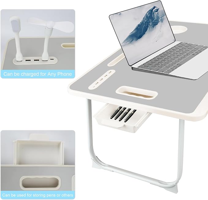 Laptop Bed Table, Laptop Desk for Bed, Foldable Laptop Bed Desk with USB Charge Port, Handle, Desktop Card Slot, Cup Slot, Side Drawer, Portable Laptop Table for Bed Eating Reading Working - Image 3