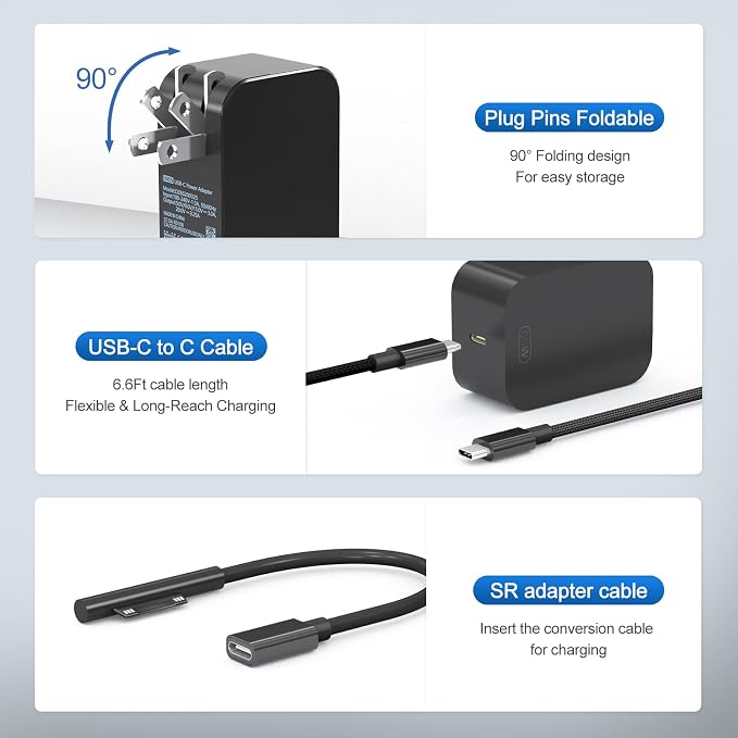 YURCIPWE New 65W Surface Pro Charger，Microsoft Surface Charge Compatible with Surface Pro 11/10/9/8/7+/7/6/5/4/X Power Adapter, Microsoft Surface Book 1 2 3, Both Microsoft Surface Laptop/Tablet - Image 6