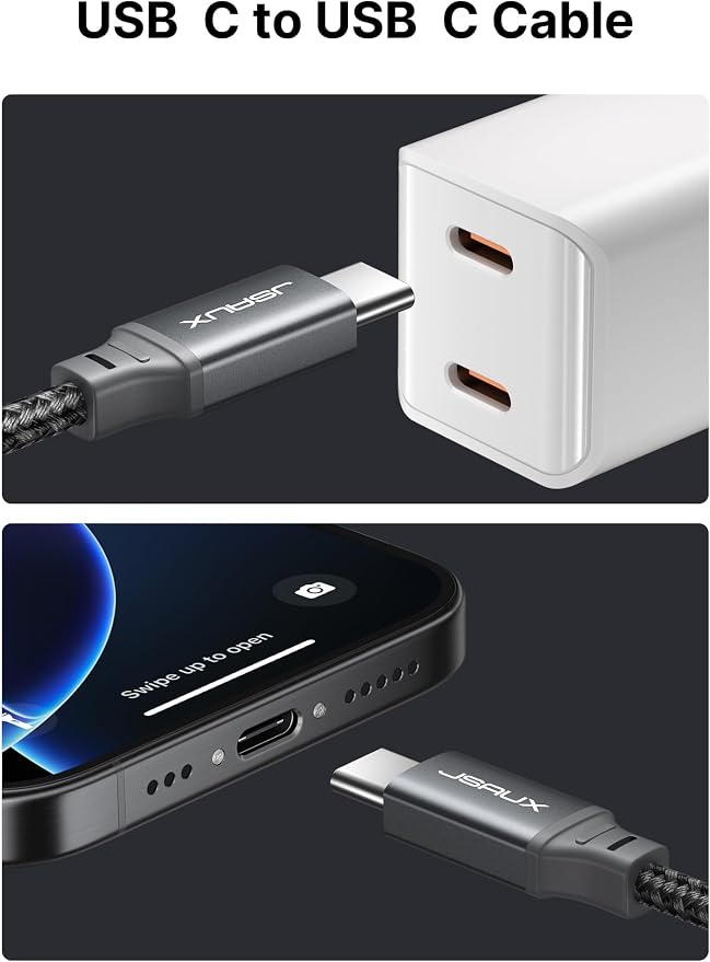 JSAUX 100W USB C to USB C Cable [2-Pack 10FT], PD Fast Charging, Grey | 100 Watt Fast Charger, Braided Type-C Cords for iPhone Air/17e/17/16/15 Series, Galaxy S/Note Series, MacBook and iPad - Image 5