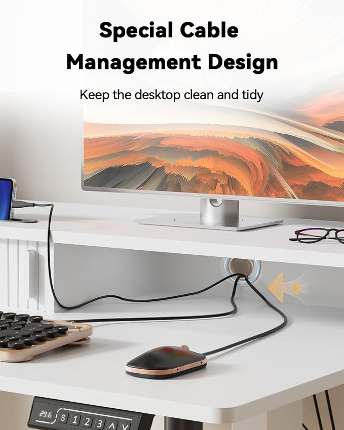 JOY worker 35" Small Electric Standing Desk with Monitor Stand & Storage | White 35" x 25" Height Adjustable Desk for Tight Space, Shutter Door & Drawer, Sit Stand Table with 2 Hooks for Home Office - Image 6