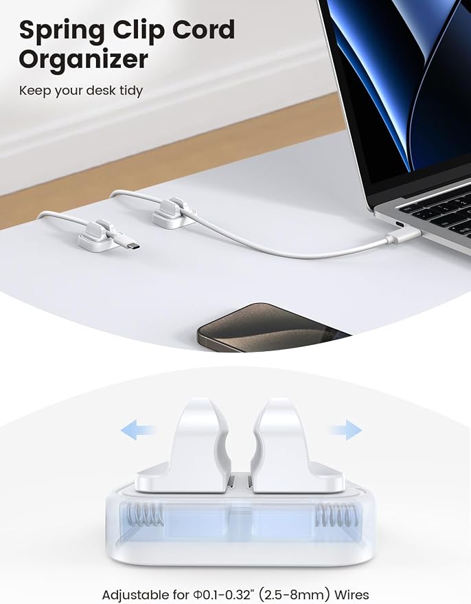 Lamicall 5 Pack Spring Fixed Cord Holder Clips, Desk Cable Organizer | Adjustable Cable Management, Workspace Organizer & Accessories, Adhesive Wire Clips for Nightstand, White - Image 2