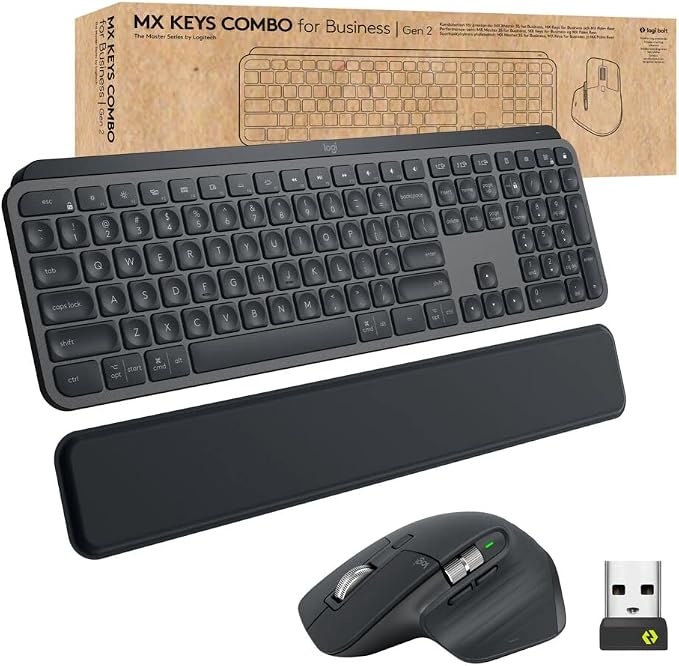 Logitech MX Keys Combo for Business Keyboard and Mouse - Graphite | For Business, full size, includes keyboard palm rest, Bluetooth, Logi Bolt, quiet clicks, Windows/Mac/Chrome/Linux compatible by Unknown