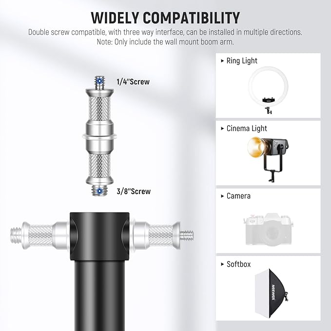 NEEWER Ring Light Wall Mount Boom Arm, 22"-46"/55-116cm, Aluminum Alloy | 180° Swivel, Triangle Light Wall Mounting, for Photography Strobe Monolight Softbox Umbrella Reflector, Max 6.6lb/3kg, WB-100 - Image 5