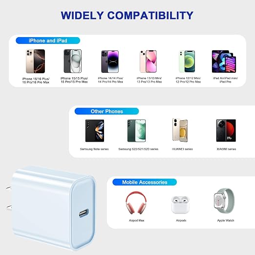 3Pack iPhone 17/16/15 Charge Block,USB C Charger, Blue Charger Adapter Plug | Quick Fast Charger PD Adapter Plug 20W Power Delivery TypeC Fast Charging Block for iPhone 17/16/15/14/13/12,iPadPro/Air/Mini - Image 6