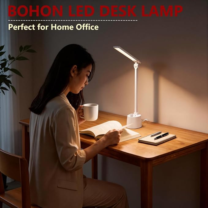 BOHON Small Desk Lamp with USB C Charging Port 5 Colors Stepless Dim White | Reading Light Space-Saving Rotating Head Desk Lamp for Home Office College Dorm Room Bedside Table Bedroom - Image 8