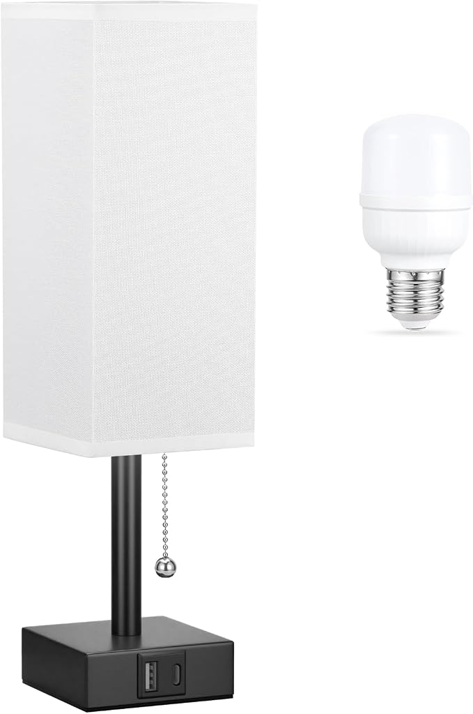 White Small Table Lamp for Bedroom - 3 Color Temperature 3000K 5000K 4000K Bedside Lamp, Pull Chain Control, USB A and C Charging Ports, Black Base, for Kids Office Dorm Nightstand, Bulb Included | Pull Chain Lamp, 3 Color Modes(3000K/4000K/5000K), E26... by Aooshine