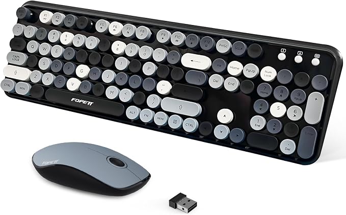 2.4GHz Wireless Keyboard and Mouse Set with Switch Button - Full-Size Keyboard - Compatible for Windows/Laptop/PC/Notebook/Smart TV and More - Grey Colorful by FOPETT