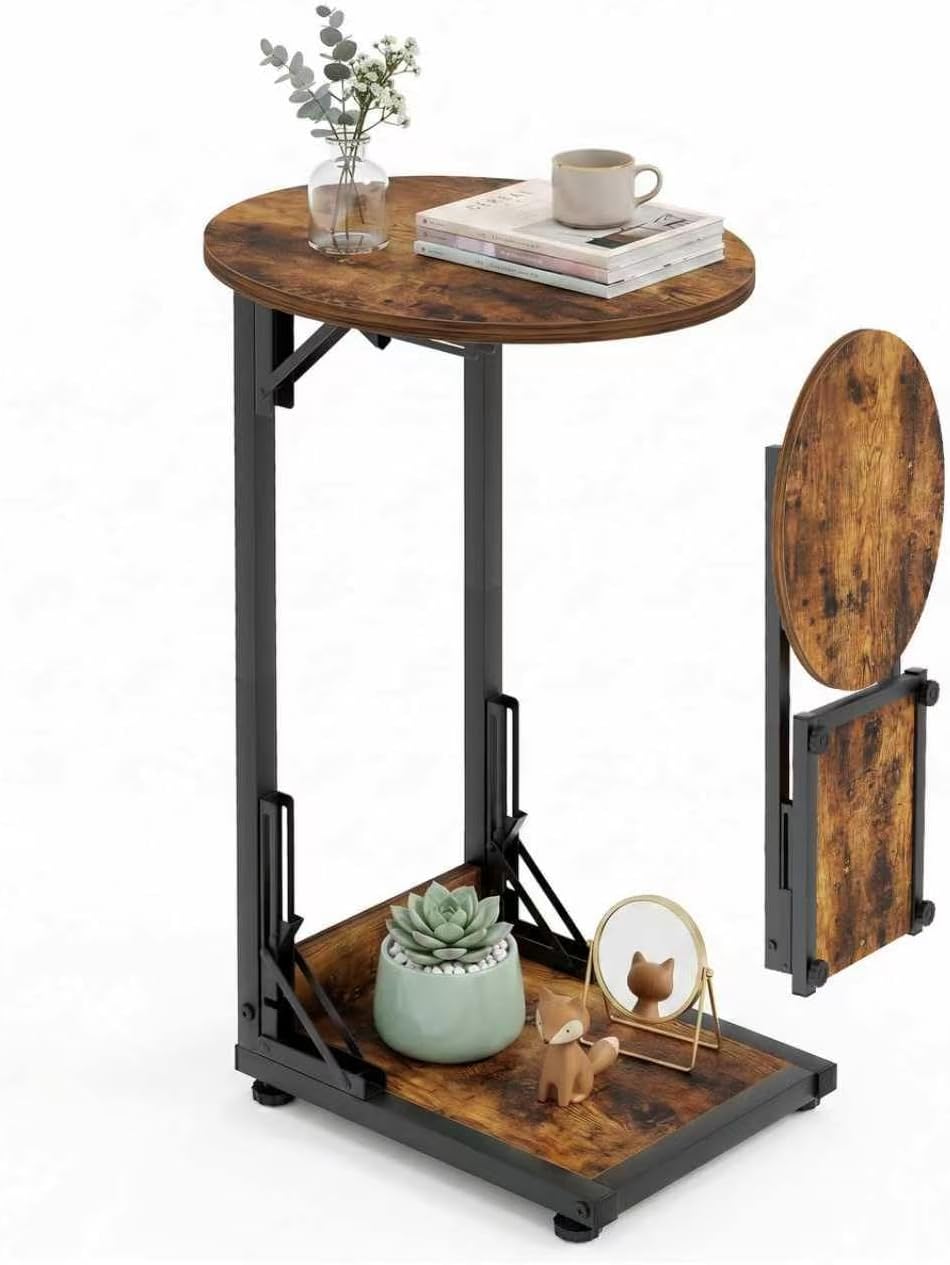 C Shaped Side Table, Folding End Table with Metal Frame, Foldable Table for Eating, Couch Sofa Table,Slide Under TV Tray Table for Living Room, Bedroom, Small Spaces (Brown) by Fleecy day