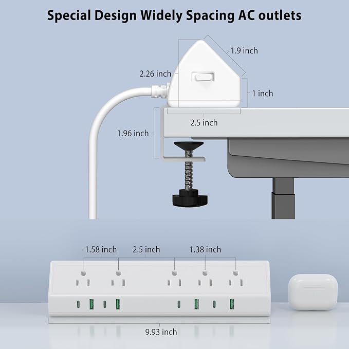 Jgstkcity Desk Clamp Power Strip USB C 45W,8 USB,15FT Cable,White | 4 USB-C,Edge Mount,1875W Extension Cord,15A Switch,ETL Listed,Office,Gaming,Dorm - Image 7