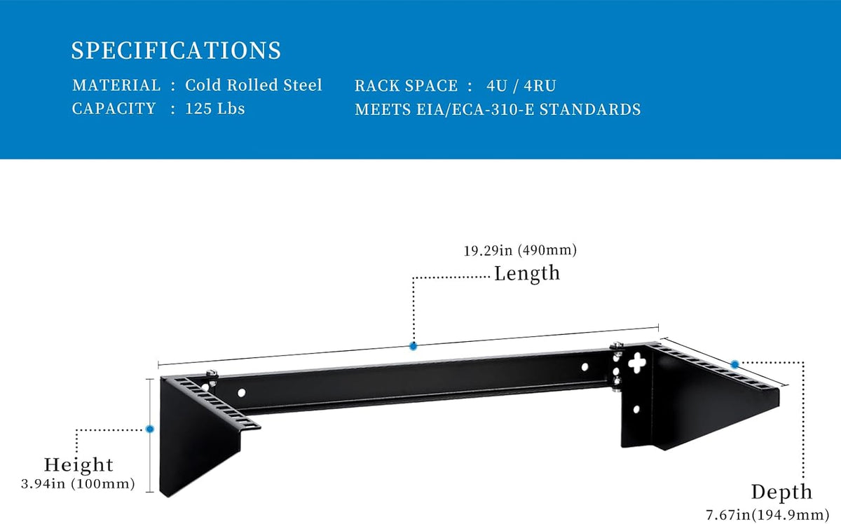 4U Vertical Wall Mount Rack - Heavy Duty 125lbs Capacity Vertical Mounting Bracket (4U) - Image 2