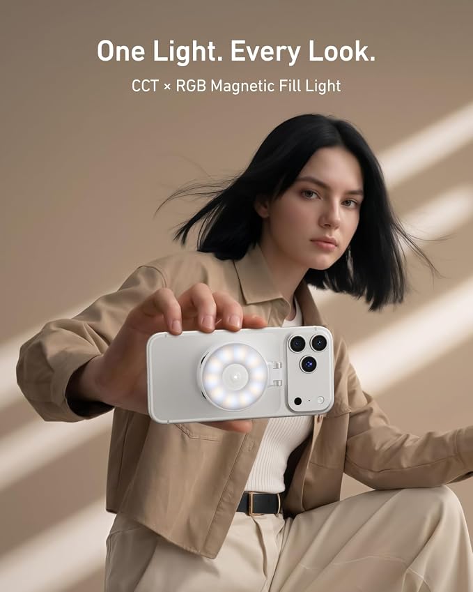 TELESIN Upgraded 4-in-1 Magnetic RGB Selfie Ring Light with Mirror & Phone Stand, Rechargeable Portable Clip On Fill Light for iPhone Samsung TikTok, Vlogging, Makeup, Photography, Streaming (White) - Image 4