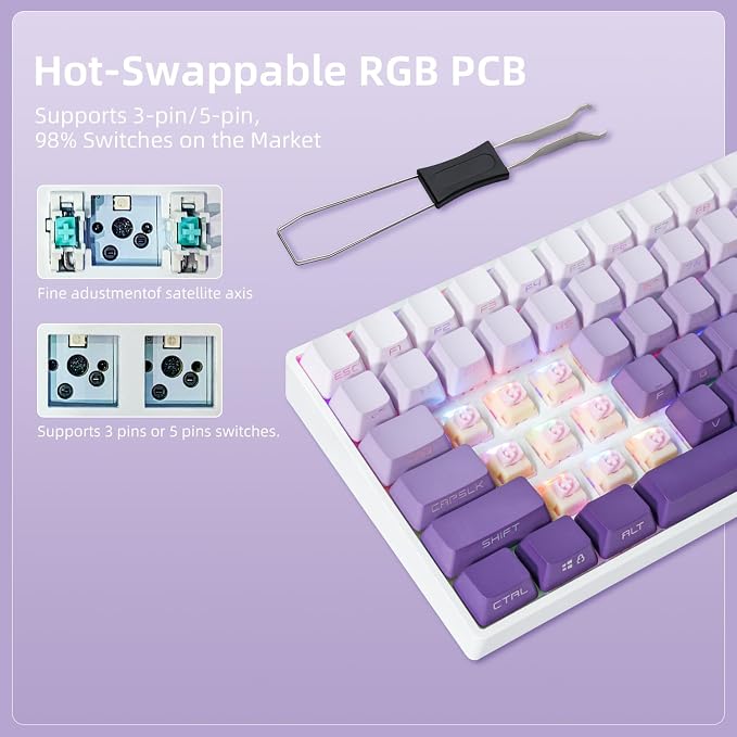 ZORNHER ZH100 Wireless Mechanical Keyboard,98% Purple Creamy Keyboard with Number Pad,Full Size Gaming Keyboard,Lighted Up PBT Dipped Keycaps,KKT Red Switches - Image 2