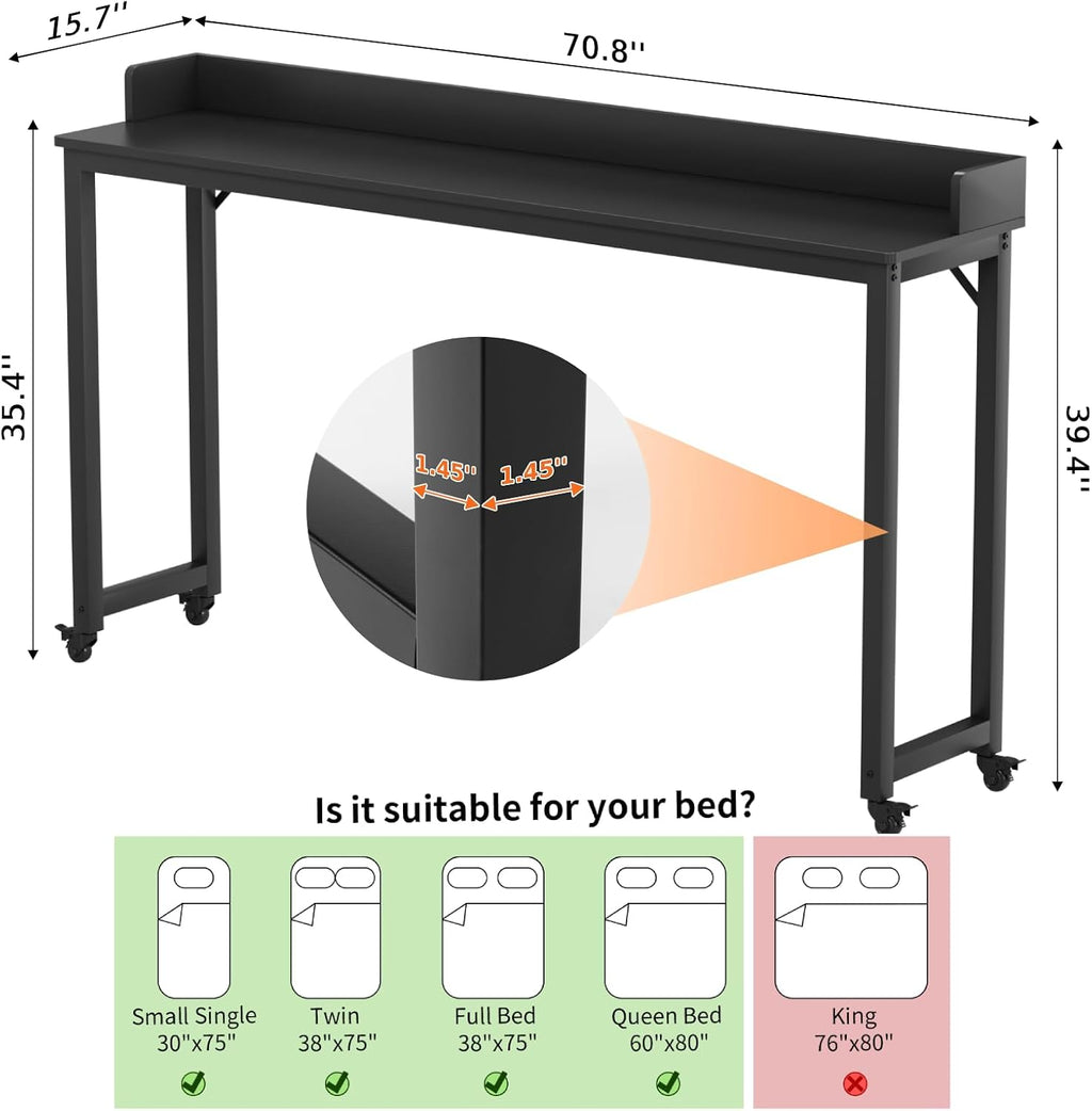 Overbed Table with 360° Wheels, Queen Size Mobile Bed Desk, Black - Image 2